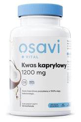 Osavi Caprylic Acid 1200 mg supplement bottle, 120 capsules, made from 100% coconut oil for energy and digestion support.